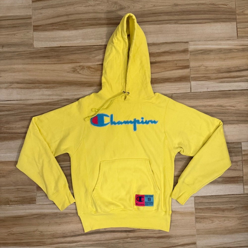 Champion Reverse Weave Hoodie Yellow‎ Chenille Logo Sweatshirt XS
